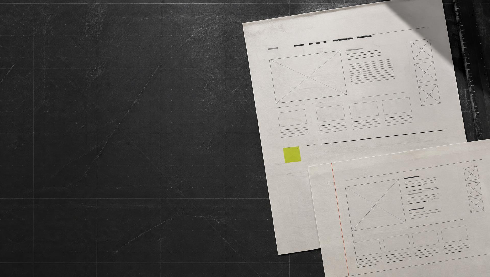 Individuelle Gestaltung: Website-Entwürfe auf Papier und einer Graphit-Arbeitsfläche